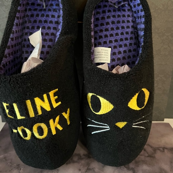Halloween Black Cat Slippers Feline Spooky Size Small 5-6 Purple Kitties Lining - Picture 8 of 9